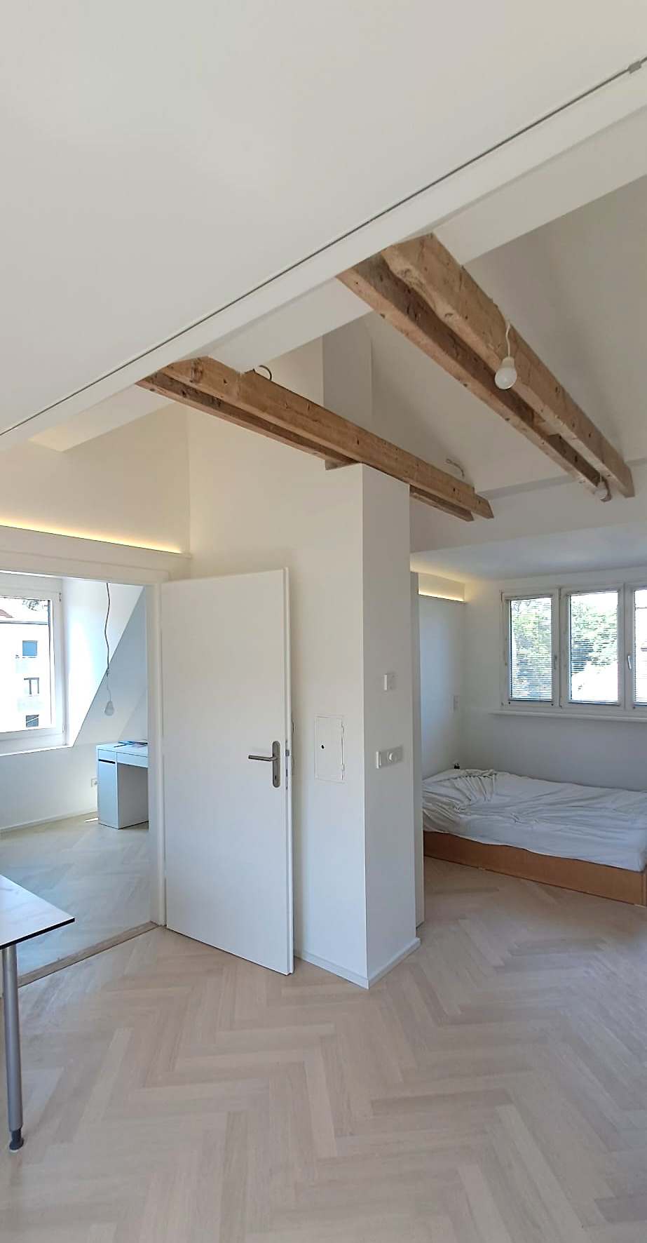 Umbau Siedlungshaus Meidling, Dachgeschoss, Schlafzimmer, Dachstuhl offen